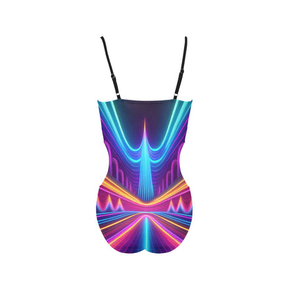 LuckeLadybug neon spaghetti strap swimsuit one piece back view with adjustable black straps and vibrant neon abstract pattern