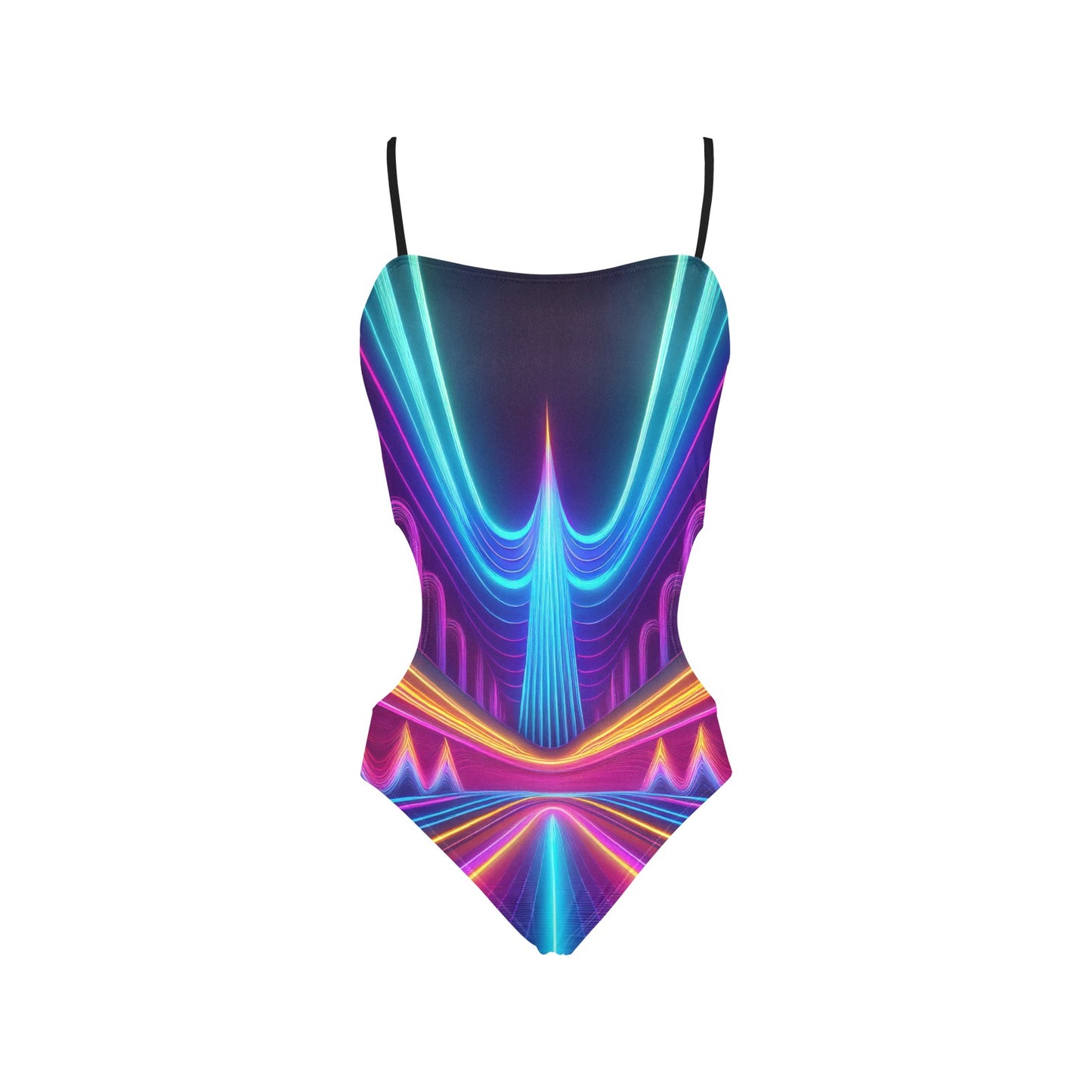 LuckeLadybug one piece neon spaghetti strap swimsuit with blue purple neon pattern thin black straps and side cutouts
