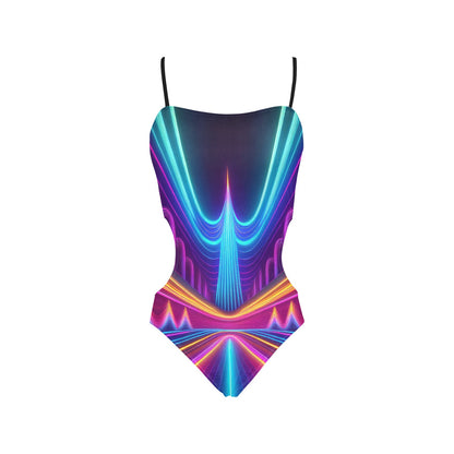 LuckeLadybug one piece neon spaghetti strap swimsuit with blue purple neon pattern thin black straps and side cutouts