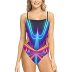 LuckeLadybug one piece neon spaghetti strap swimsuit with vibrant neon abstract print and side cutouts