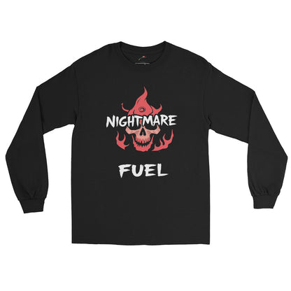 LuckeLadybug black long sleeve Nightmare Fuel T-Shirt with red flaming skull graphic and bold white text