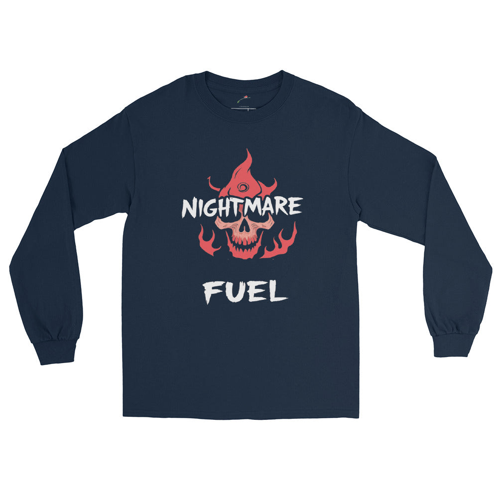 LuckeLadybug Nightmare Fuel T-Shirt navy long sleeve with red flaming skull graphic horror tee