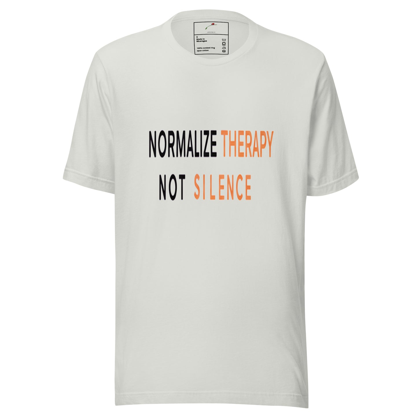 LuckeLadybug white cotton tee with bold black and orange text Normalize Therapy Not Silence T-Shirt front view