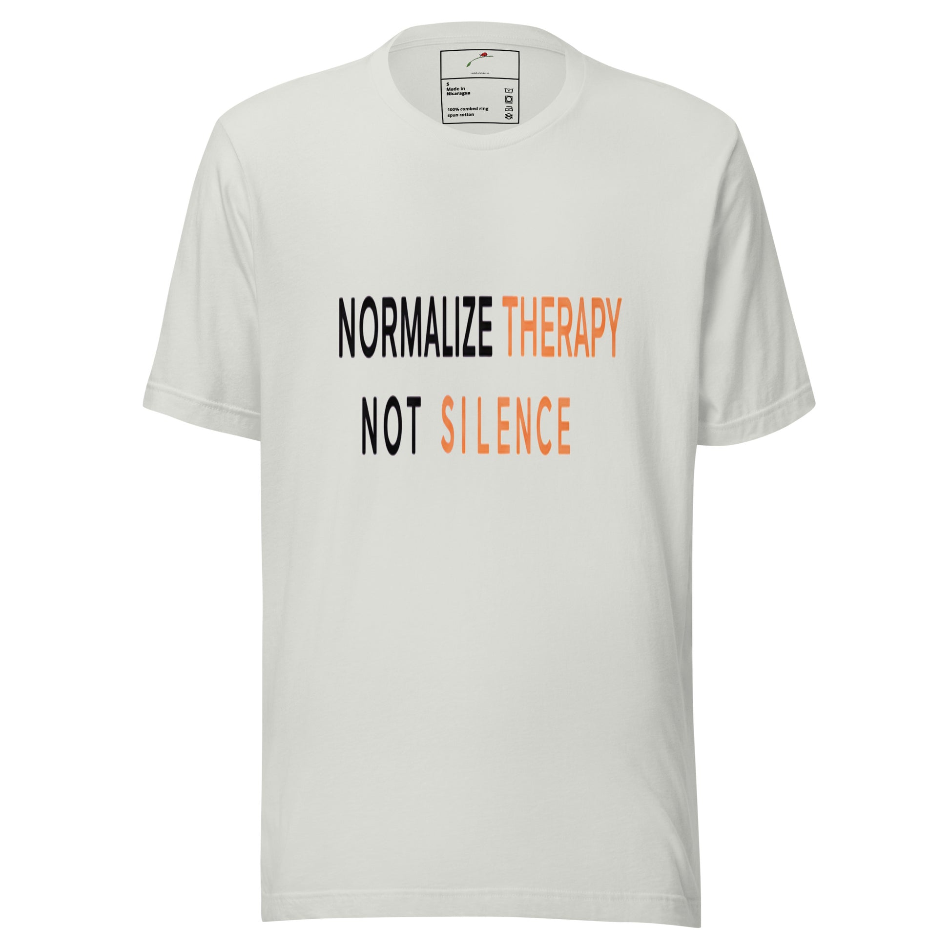 LuckeLadybug white cotton tee with bold black and orange text Normalize Therapy Not Silence T-Shirt front view