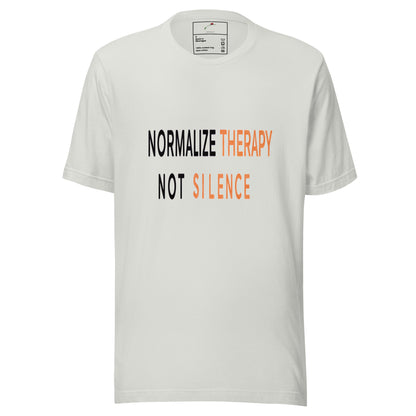 LuckeLadybug white cotton tee with bold black and orange text Normalize Therapy Not Silence T-Shirt front view