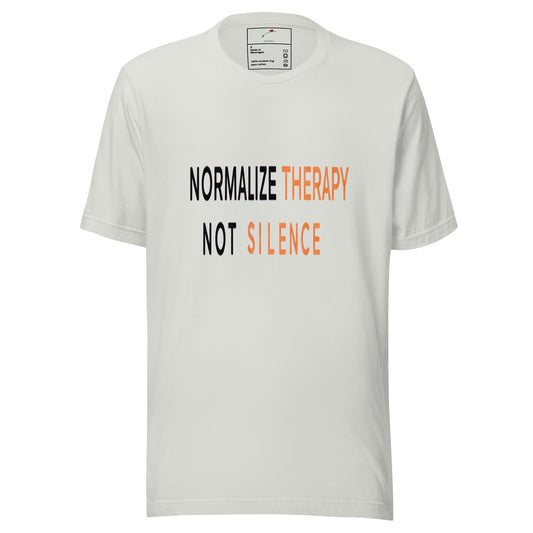 LuckeLadybug white cotton tee with bold black and orange text Normalize Therapy Not Silence T-Shirt front view