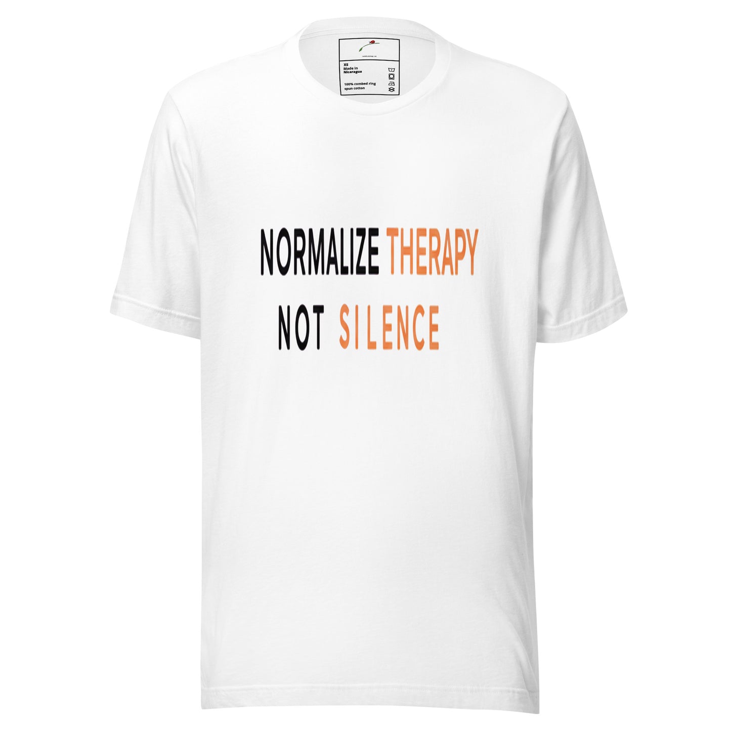 LuckeLadybug white t shirt with bold black and orange text Normalize Therapy Not Silence T-Shirt promoting mental health