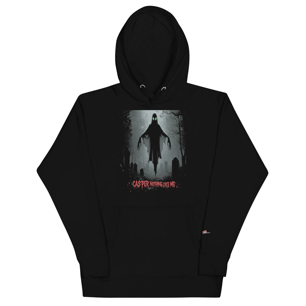 LuckeLadybug black hoodie with Casper Nothing Like Me horror sweatshirt design featuring a ghost in a graveyard