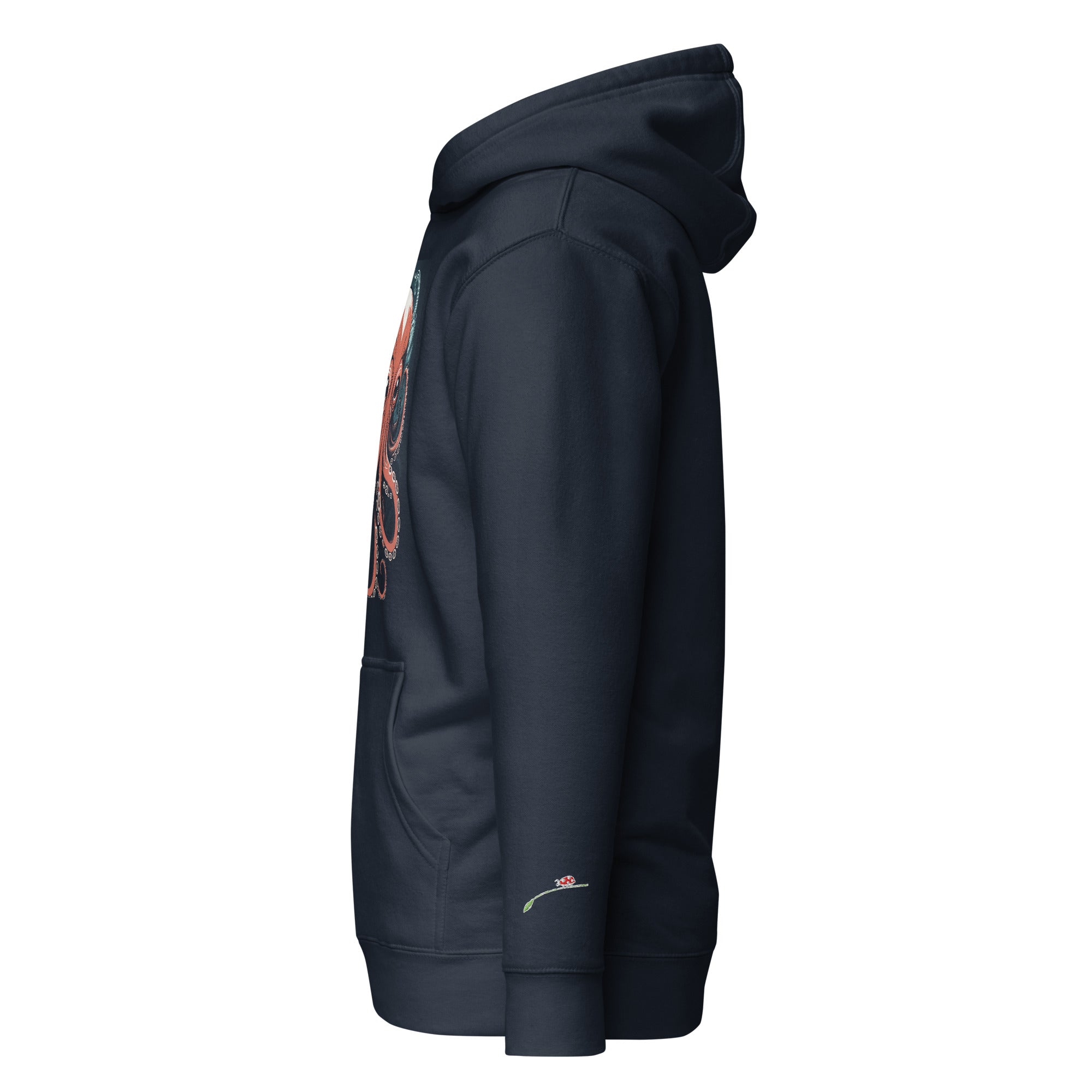 LuckeLadybug ocean king pullover sweatshirt navy blue hoodie side view with front pocket and hood