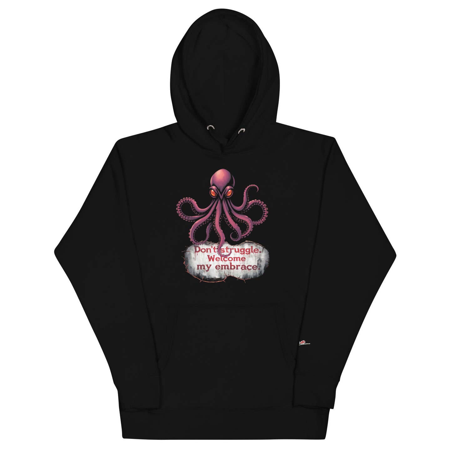 Black octopus graphic hoodie with pink octopus and text design by LuckeLadybug