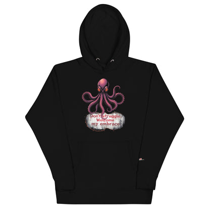 Black octopus graphic hoodie with pink octopus and text design by LuckeLadybug