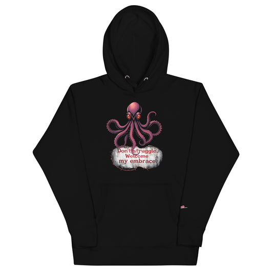 Black octopus graphic hoodie with pink octopus and text design by LuckeLadybug