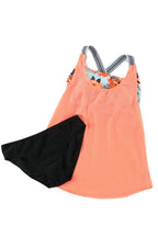 LuckeLadybug LLC orange racerback tankini with floral inner lining and black bikini bottoms