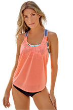 LuckeLadybug LLC orange racerback tankini with mesh overlay and striped straps on female model