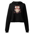 Black owl print crop top hoodie by LuckeLadybug with a cute owl graphic and long sleeves