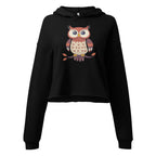 Black owl print crop top hoodie by LuckeLadybug with a cute owl graphic and long sleeves
