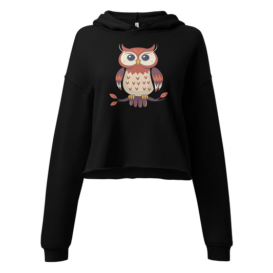 Black owl print crop top hoodie by LuckeLadybug with a cute owl graphic and long sleeves