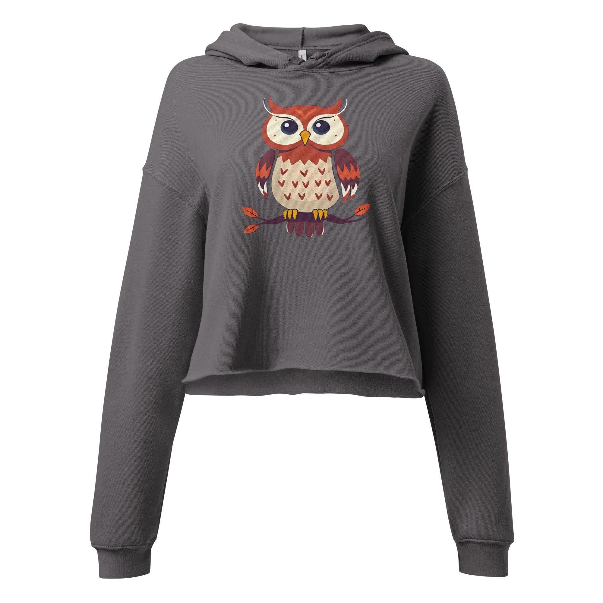 LuckeLadybug gray owl print crop top hoodie with long sleeves and front graphic design