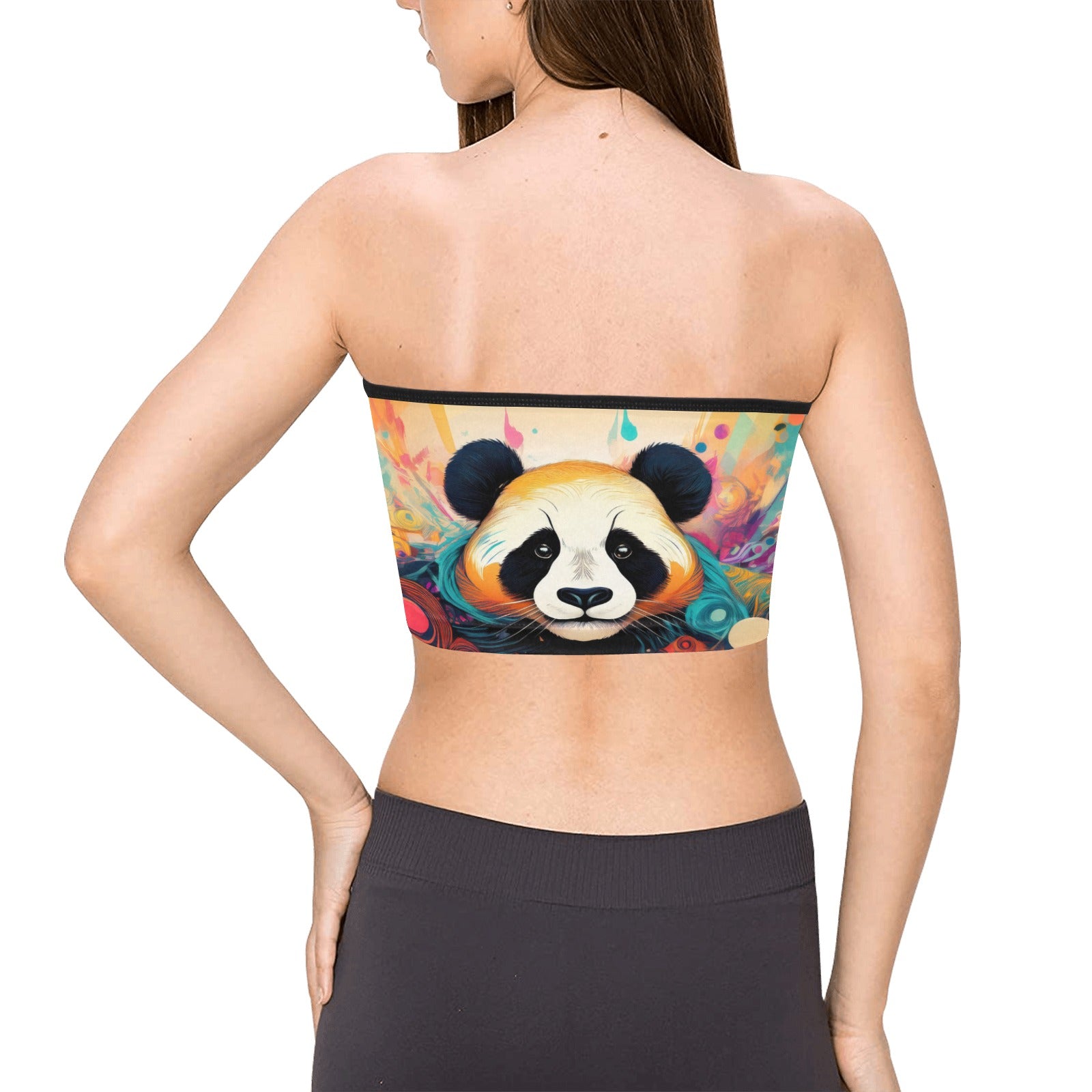 Inkedjoy panda bandeau top for women colorful strapless crop with vibrant panda face print on model back