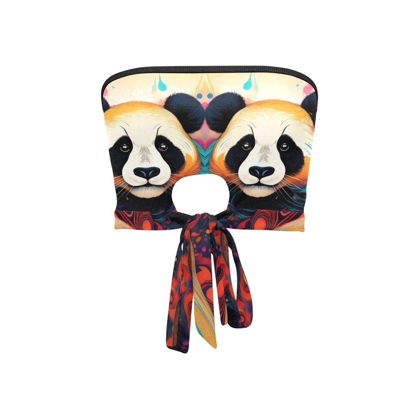 Inkedjoy panda bandeau top for women with mirrored panda faces colorful tie front strapless top
