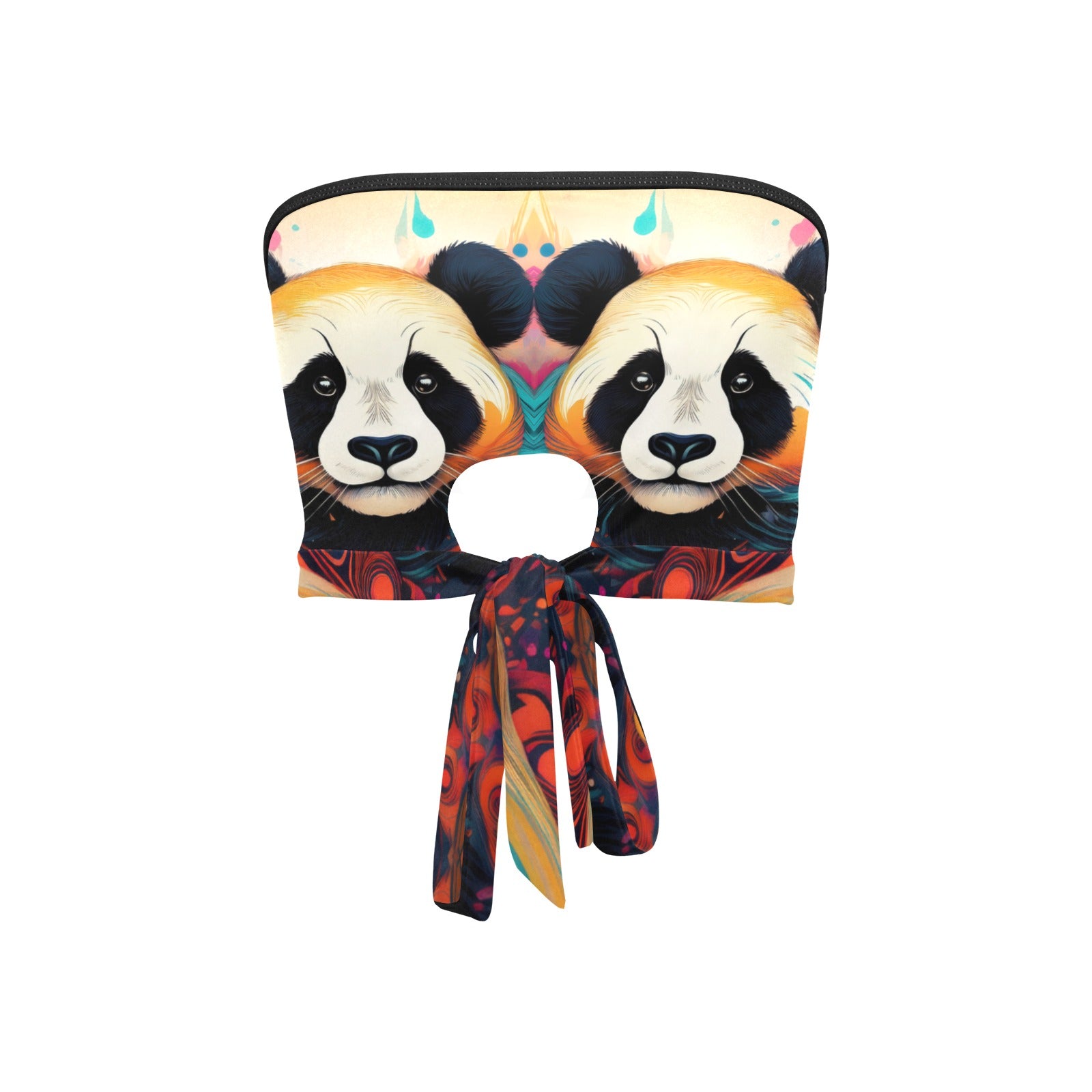 Inkedjoy panda bandeau top for women with mirrored panda faces colorful tie front strapless top