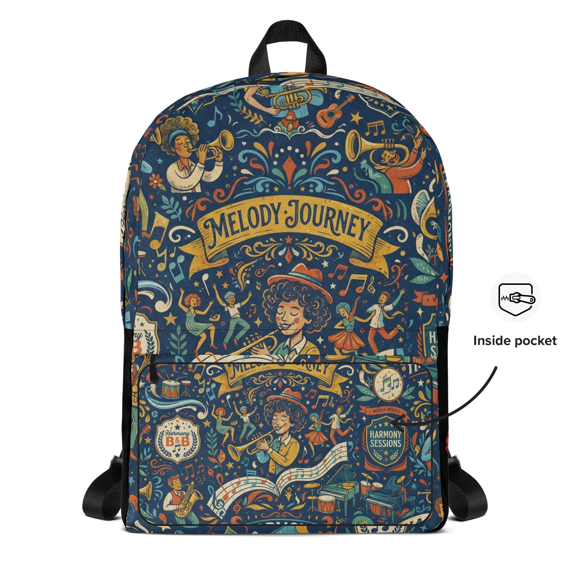 LuckeLadybug Melody Journey Backpack featuring vibrant music-themed design and spacious compartments, inspired by peak designs everyday backpack