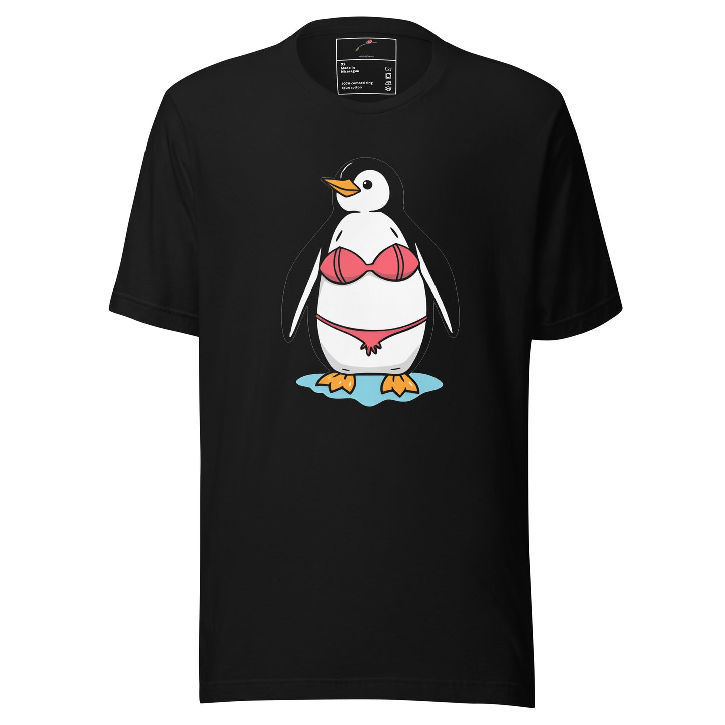 LuckeLadybug black t-shirt featuring a cartoon penguin wearing a pink bikini penguin bikini t-shirt design