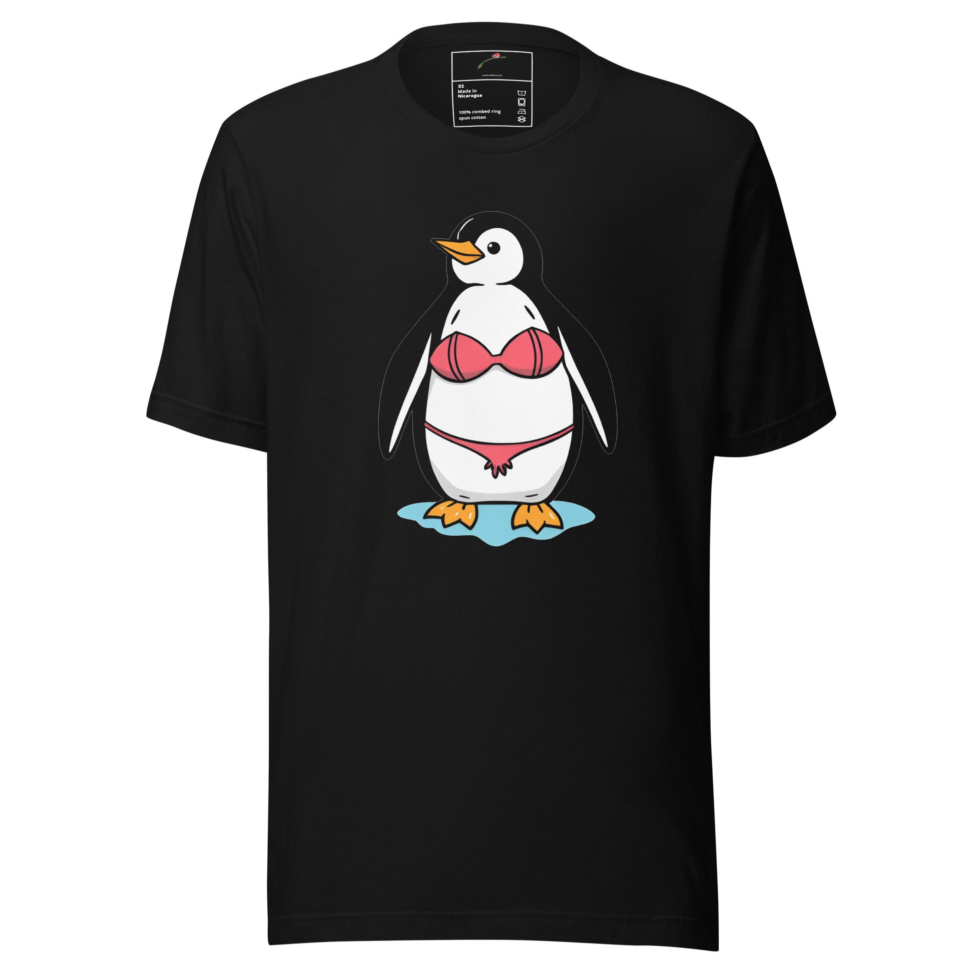 LuckeLadybug black t-shirt featuring a cartoon penguin wearing a pink bikini penguin bikini t-shirt design