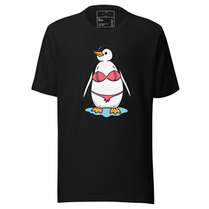 LuckeLadybug black t-shirt featuring a cartoon penguin wearing a pink bikini penguin bikini t-shirt design