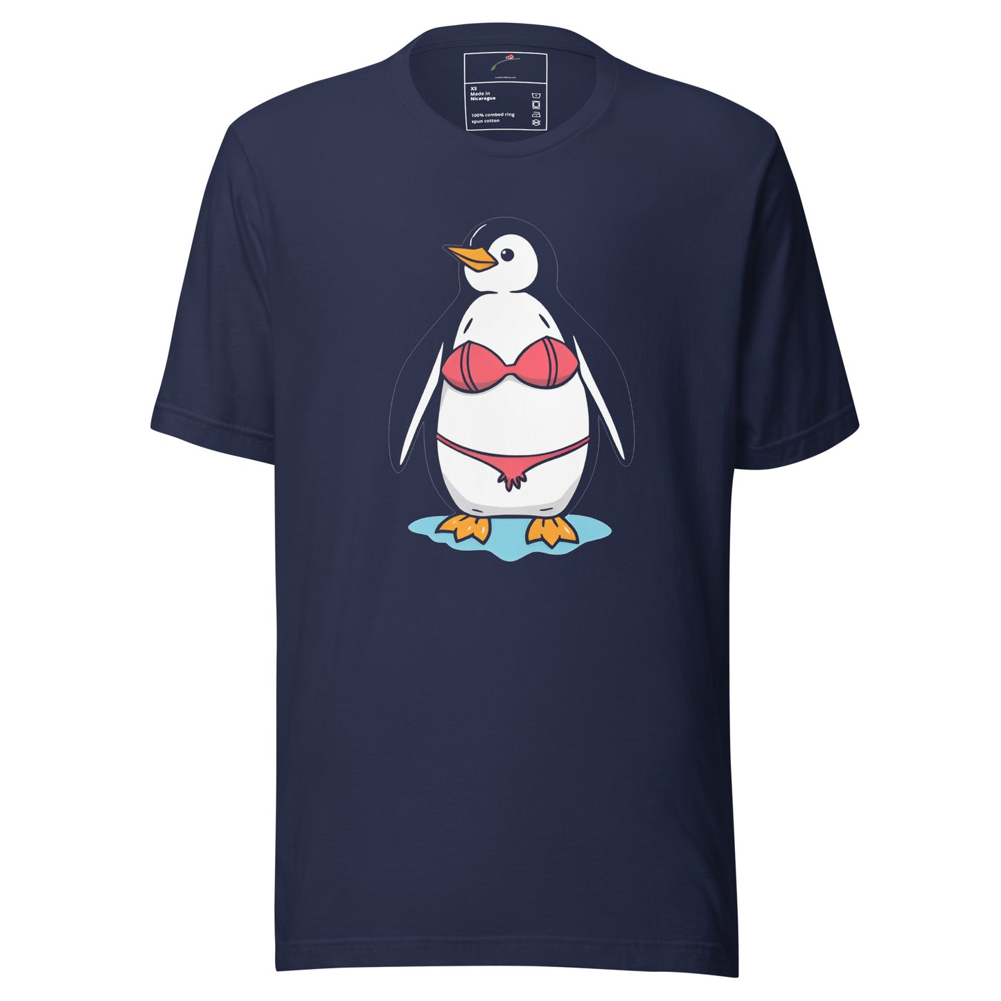 Navy blue penguin bikini t-shirt featuring a cartoon penguin wearing a red bikini on the front