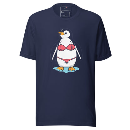 Navy blue penguin bikini t-shirt featuring a cartoon penguin wearing a red bikini on the front