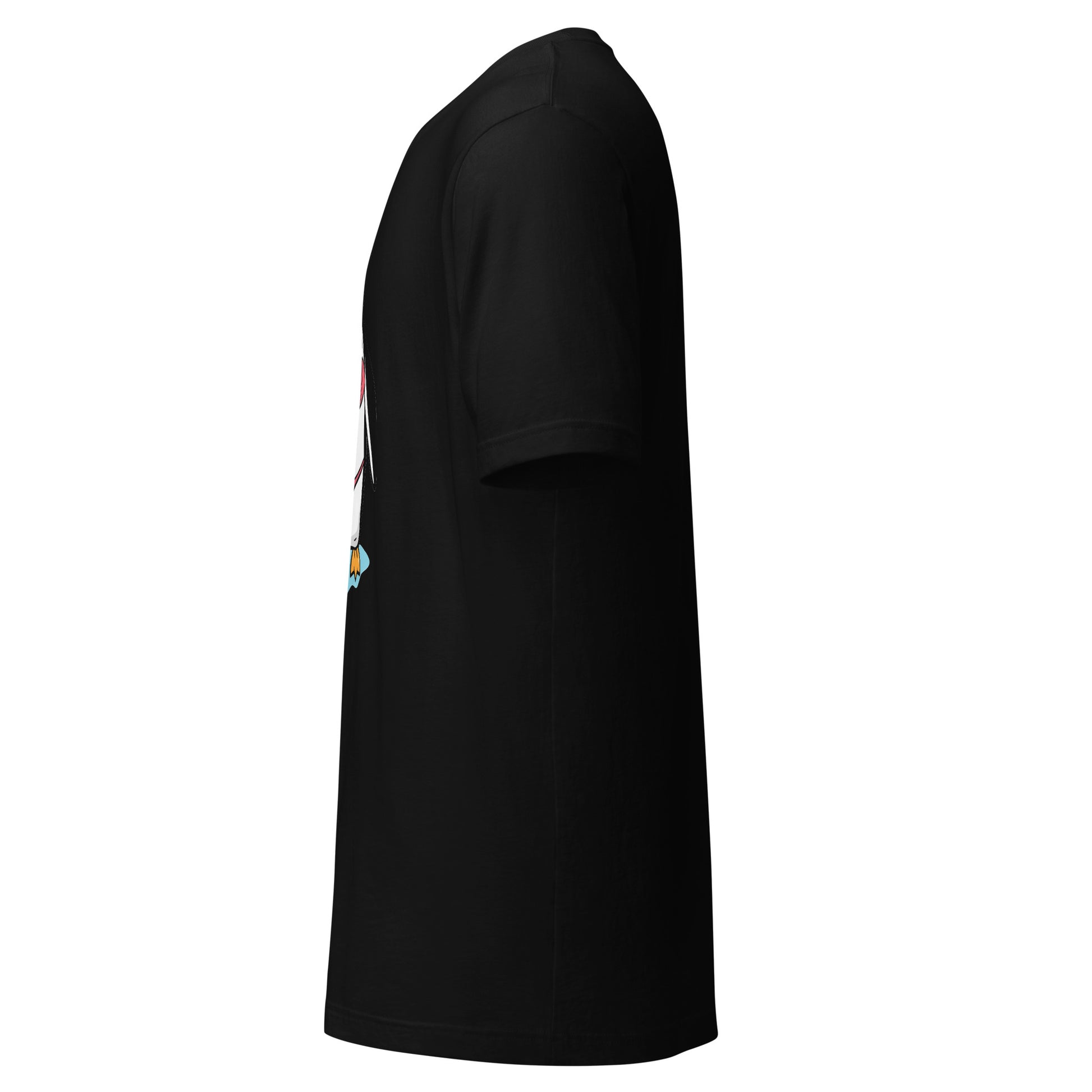 Black LuckeLadybug penguin bikini t-shirt showing side view of short sleeve design