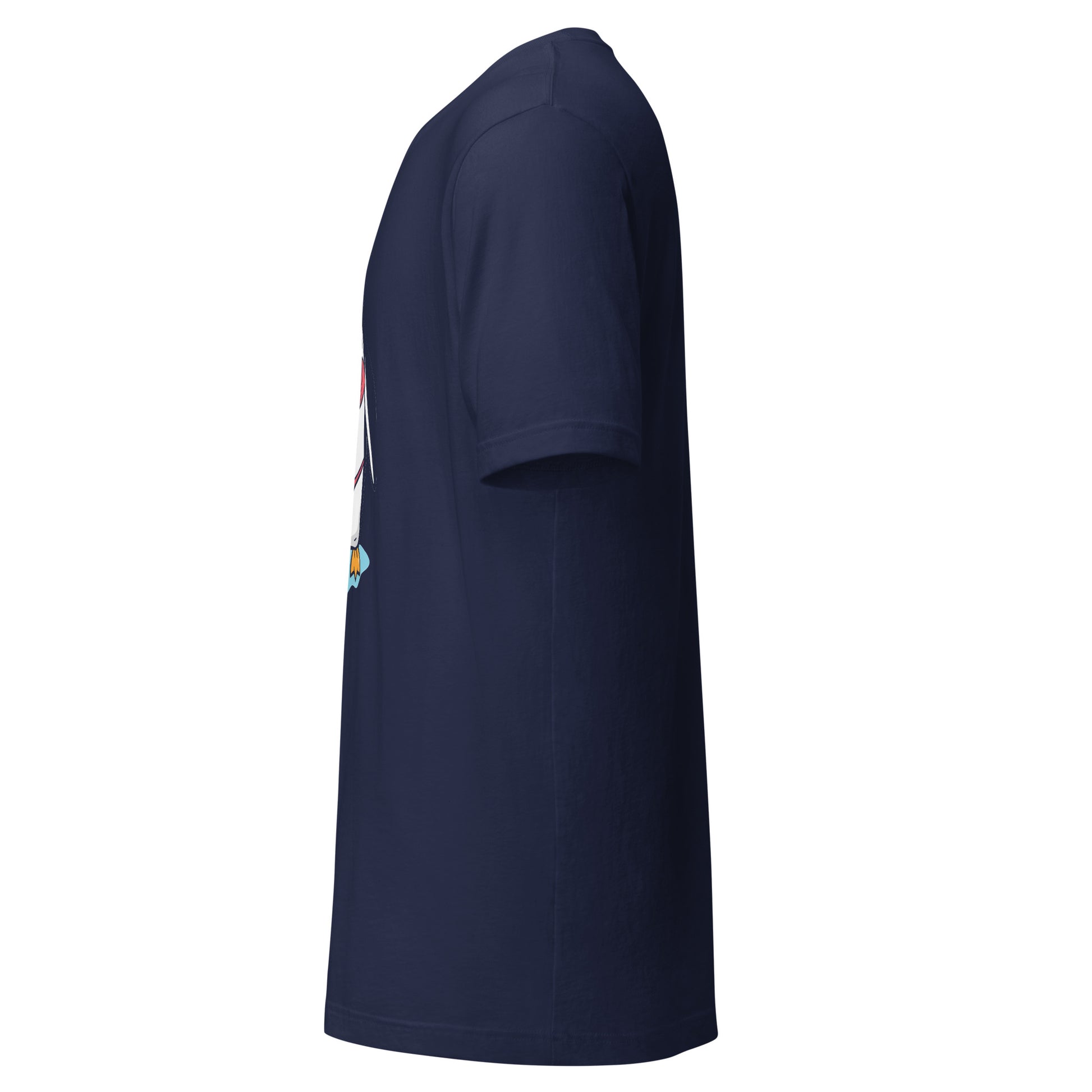 LuckeLadybug navy penguin bikini t-shirt side view with short sleeves and comfortable fit