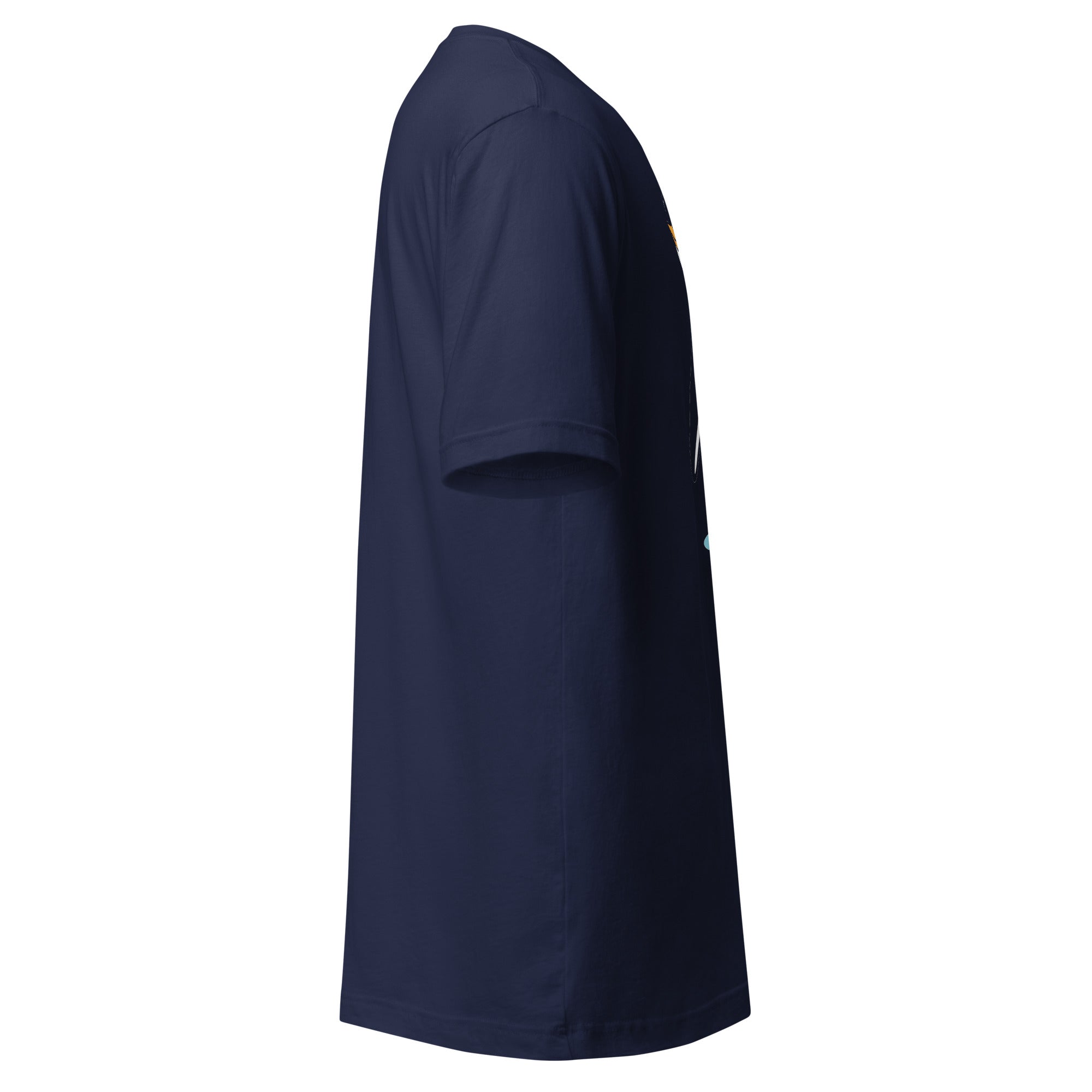 LuckeLadybug navy blue penguin bikini t-shirt shown from side with short sleeves