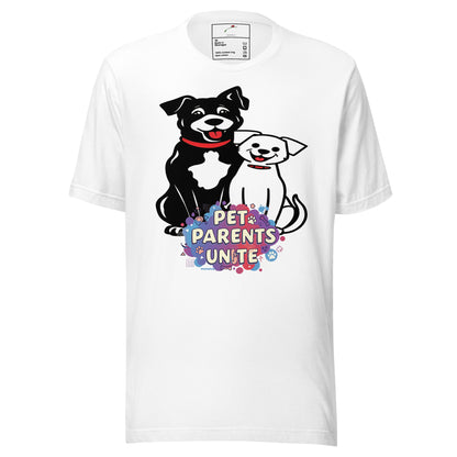 White pet parents t-shirt featuring two happy dogs with pet parents unite design