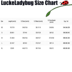 LuckeLadybug size chart showing measurements for length bust waist foot mouth and cup sizes