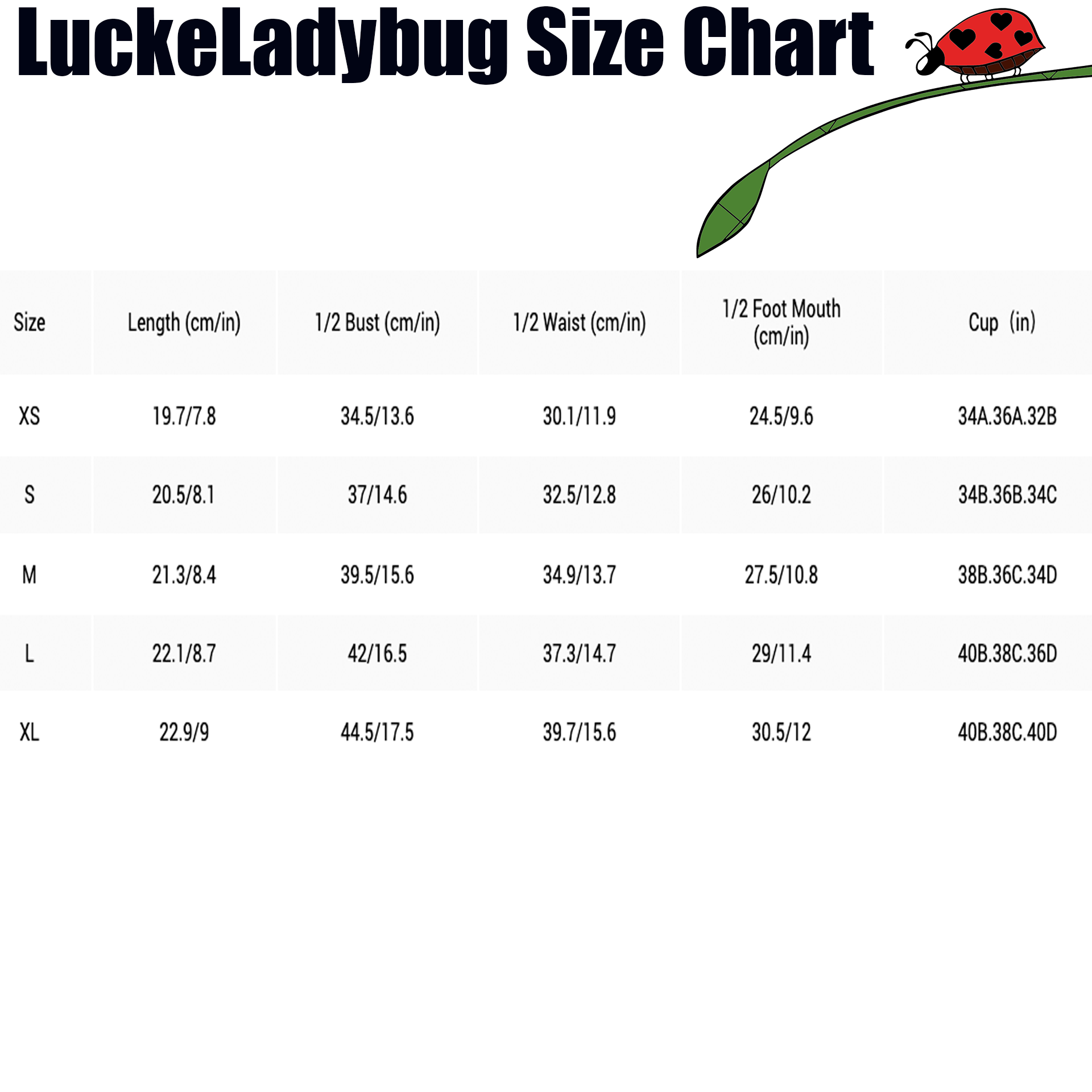 LuckeLadybug size chart showing measurements for length bust waist foot mouth and cup sizes