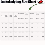 LuckeLadybug size chart for pink stripe collared dress showing bust waist hem shoulder sleeve and length measurements