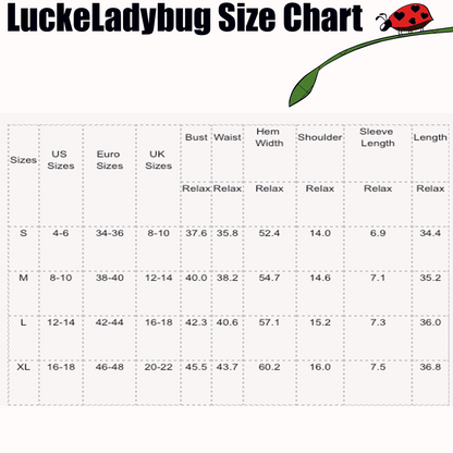 LuckeLadybug size chart for pink stripe collared dress showing bust waist hem shoulder sleeve and length measurements