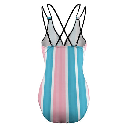 Back view of luckeladybug pink striped one piece swimsuit with blue and white vertical stripes and black adjustable straps