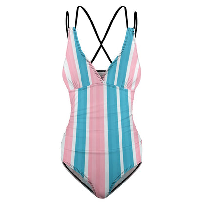 Luckeladybug pink striped one piece swimsuit with blue and white vertical stripes and crisscross back straps