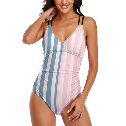 Luckeladybug pink striped one piece swimsuit with blue and pink vertical stripes and double shoulder straps