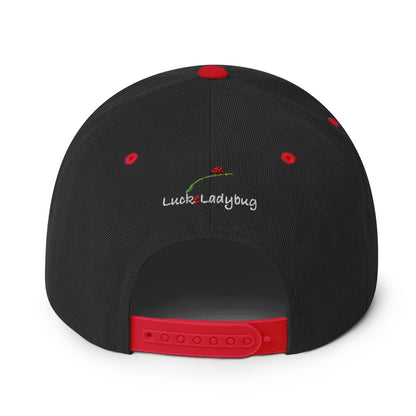 Back view of LuckeLadybug pizza monster snapback hat in black with red adjustable strap and embroidered logo