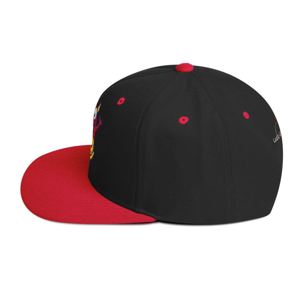 LuckeLadybug black and red pizza monster snapback hat with colorful embroidered design