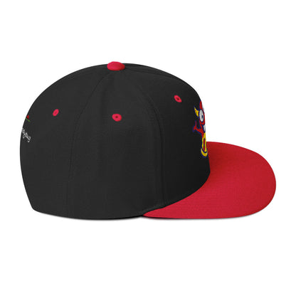 LuckeLadybug pizza monster snapback hat with black crown and red flat brim