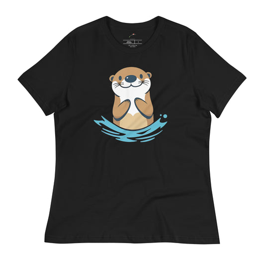 Black t-shirt featuring a playful otter shirt design with a cute otter in water
