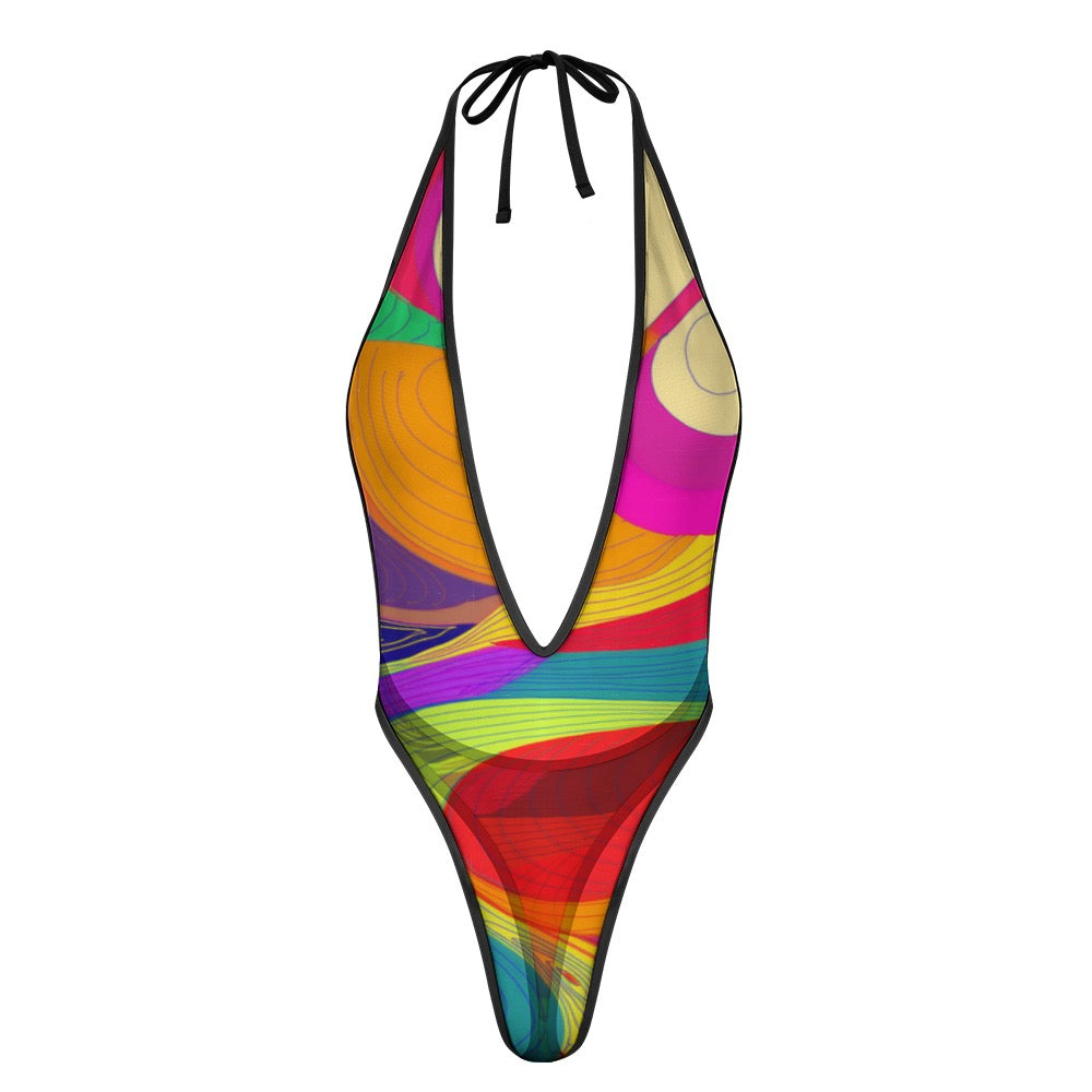 LuckeLadybug colorful plunge neckline jumpsuit womens with vibrant abstract pattern and halter tie