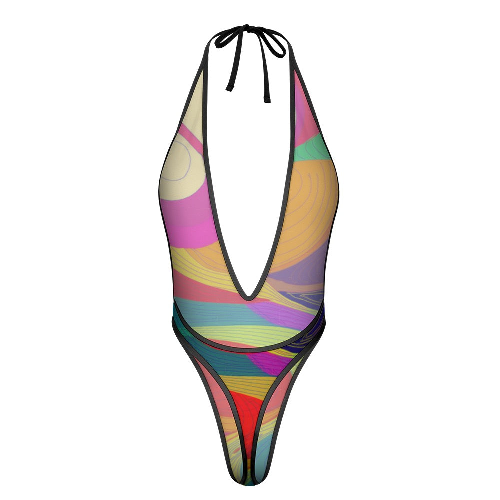 LuckeLadybug colorful plunge neckline jumpsuit womens with halter tie and abstract pattern