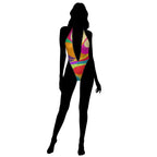 LuckeLadybug colorful plunge neckline jumpsuit womens with deep V cut and vibrant pattern