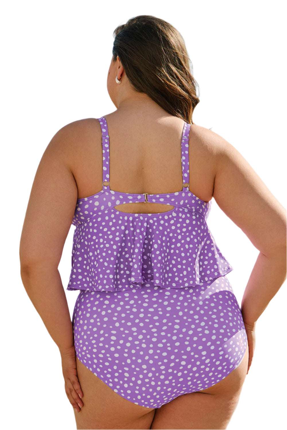 Plus size purple tankini with white polka dots and adjustable straps by LuckeLadybug shown from back